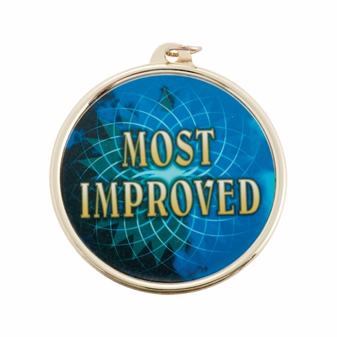 2-1/4 Inch in Diameter Round Gold and Mylar 'Most Improved' Medal with Customizable Back