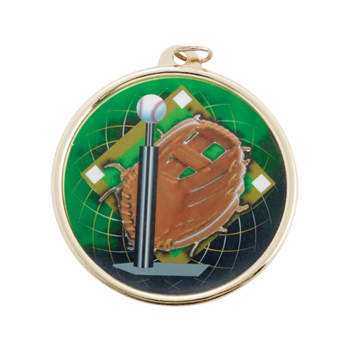 2-1/4 Inch in Diameter Round Gold and Mylar T-Ball Themed Sports Medal with Customizable Back