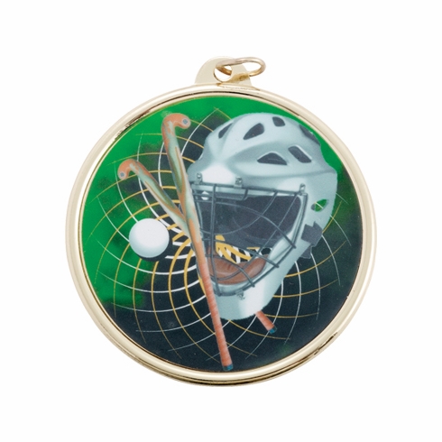 2-1/4 Inch in Diameter Round Gold Field Hockey Medal with Mylar Front Detailing and Customizable Back