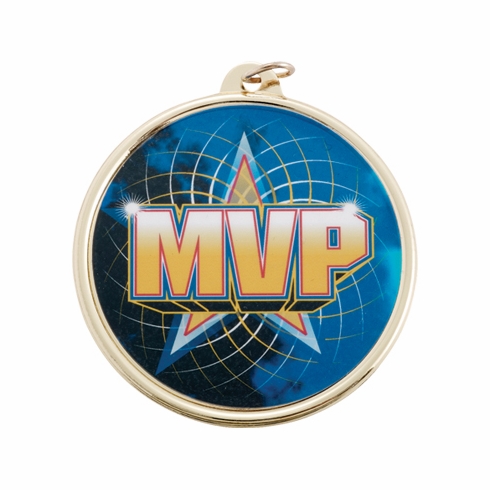 2-1/4 Inch in Diameter Round Gold 'MVP' Medal with Mylar Front Detailing and Customizable Back