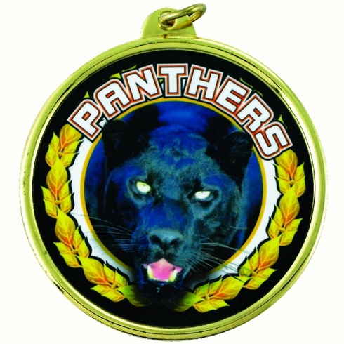 2-1/4 Inch in Diameter Round Gold 'Panthers' Medal with Mylar Detailing and Customizable Back