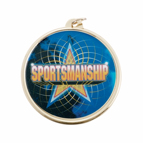 2-1/4 Inch in Diameter Round Gold 'Sportmanship' Medal with Mylar Front Detailing and Customizable Back