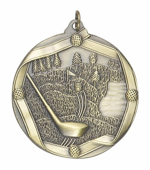 2-1/4 Inch 3D Die-Cast Golf Themed Medal in Antique Brass, Silver, or Bronze