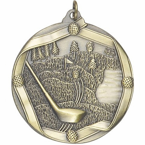 2-1/4 Inch 3D Die-Cast Golf Themed Medal in Antique Brass, Silver, or Bronze