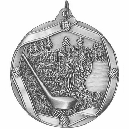 2-1/4 Inch 3D Die-Cast Golf Themed Medal in Antique Brass, Silver, or Bronze