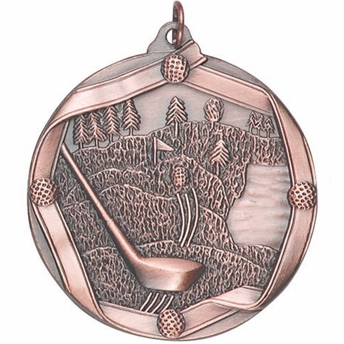 2-1/4 Inch 3D Die-Cast Golf Themed Medal in Antique Brass, Silver, or Bronze