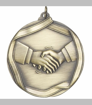 2-1/4 Inch 3D Die-Cast Medal with Handshake Theme in Antique Brass, Silver, or Bronze