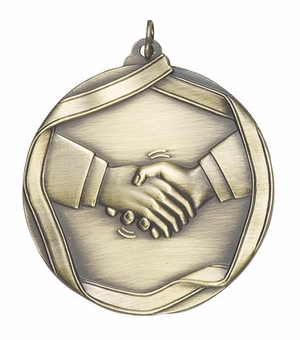 2-1/4 Inch 3D Die-Cast Medal with Handshake Theme in Antique Brass, Silver, or Bronze