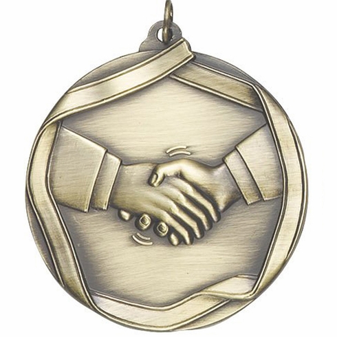 2-1/4 Inch 3D Die-Cast Medal with Handshake Theme in Antique Brass, Silver, or Bronze