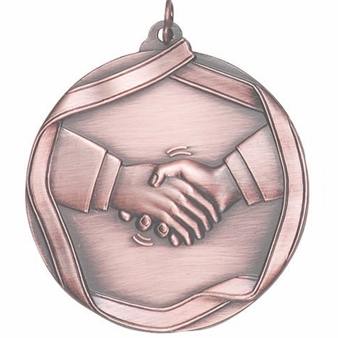 2-1/4 Inch 3D Die-Cast Medal with Handshake Theme in Antique Brass, Silver, or Bronze