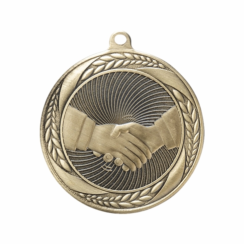 2-1/4 Inch Handshake Themed Medal in Antique Gold with Insert