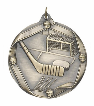 2-1/4 Inch 3D Die-Cast Hockey Themed Sports Medal in Antique Brass, Silver, or Bronze
