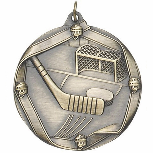 2-1/4 Inch 3D Die-Cast Hockey Themed Sports Medal in Antique Brass, Silver, or Bronze