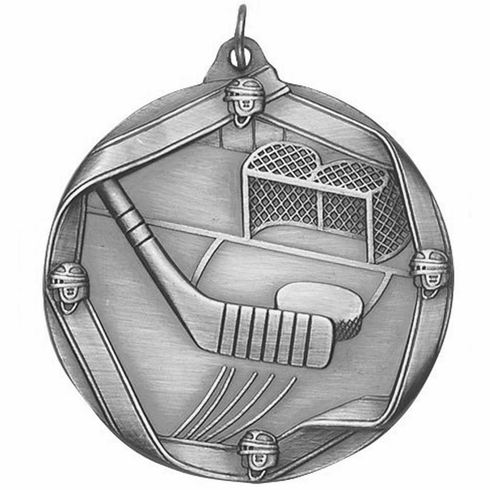 2-1/4 Inch 3D Die-Cast Hockey Themed Sports Medal in Antique Brass, Silver, or Bronze