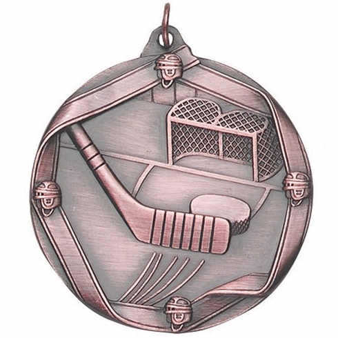 2-1/4 Inch 3D Die-Cast Hockey Themed Sports Medal in Antique Brass, Silver, or Bronze