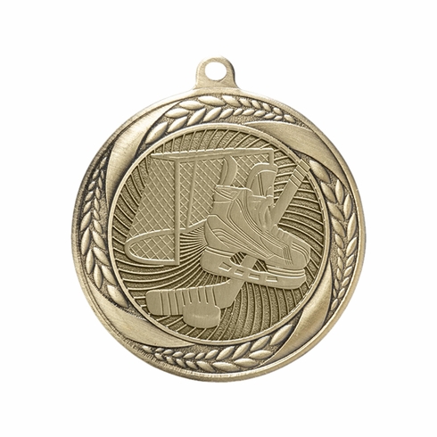 2-1/4 Inch Hockey Themed Medal in Antique Gold, Silver, or Bronze with Insert