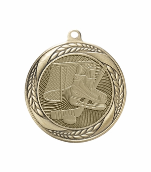 2-1/4 Inch Hockey Themed Medal in Antique Gold, Silver, or Bronze with Insert