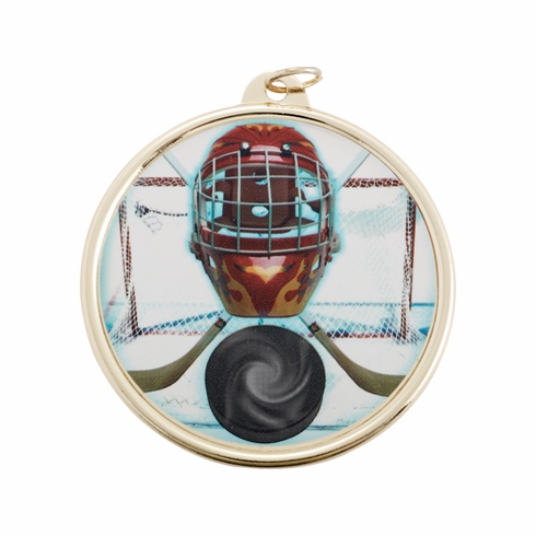 2-1/4 Inch in Diameter Round Ice Hockey Themed Gold and Mylar Medal with Customizable Back