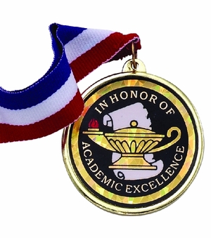 2-1/4 Inch in Diameter Round Academic Excellence Medal with Mylar Detailing and Customizable Back