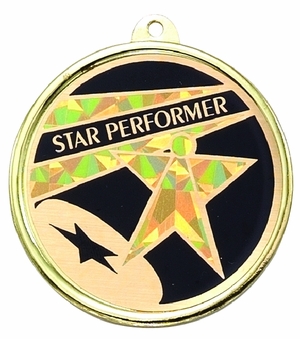 2-1/4 Inch in Diameter Round Star Performer Medal with Mylar Detailing and Customizable Back
