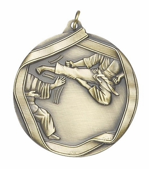 2-1/4 Inch 3D Die-Cast Karate Themed Sports Medal in Antique Brass, Silver, or Bronze