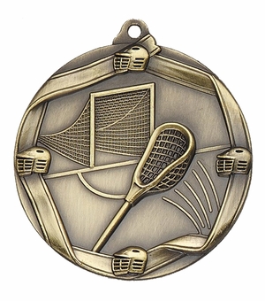 2-1/4 Inch 3D Die-Cast Lacrosse Themed Sports Medal in Antique Brass, Silver, or Bronze
