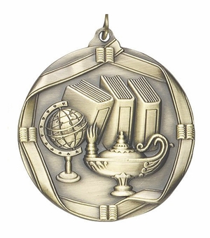2-1/4 Inch 3D Die-Cast Medal with Lamp of Knowledge Theme in Antique Brass, Silver, or Bronze