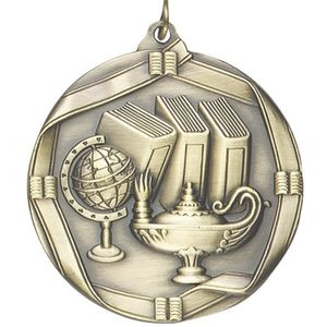 2-1/4 Inch 3D Die-Cast Medal with Lamp of Knowledge Theme in Antique Brass, Silver, or Bronze