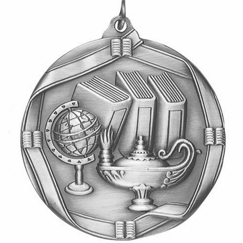 2-1/4 Inch 3D Die-Cast Medal with Lamp of Knowledge Theme in Antique Brass, Silver, or Bronze