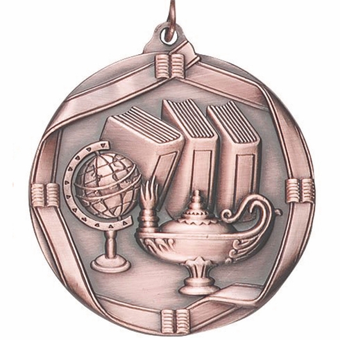 2-1/4 Inch 3D Die-Cast Medal with Lamp of Knowledge Theme in Antique Brass, Silver, or Bronze