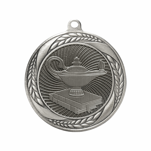 2-1/4 Inch Lamp of Learning Themed Medal in Antique Gold, Silver, or Bronze with Insert