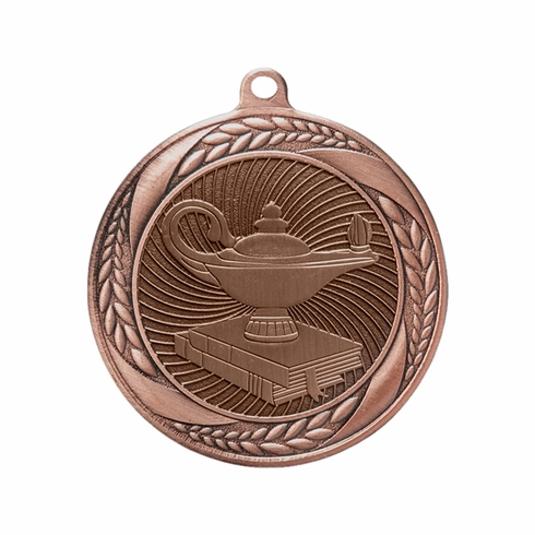2-1/4 Inch Lamp of Learning Themed Medal in Antique Gold, Silver, or Bronze with Insert