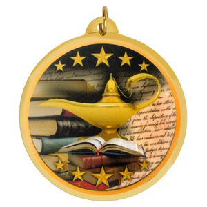 2-1/4 Inch in Diameter Round Lamp of Learning Themed Medal with Mylar Detailing and Customizable Back