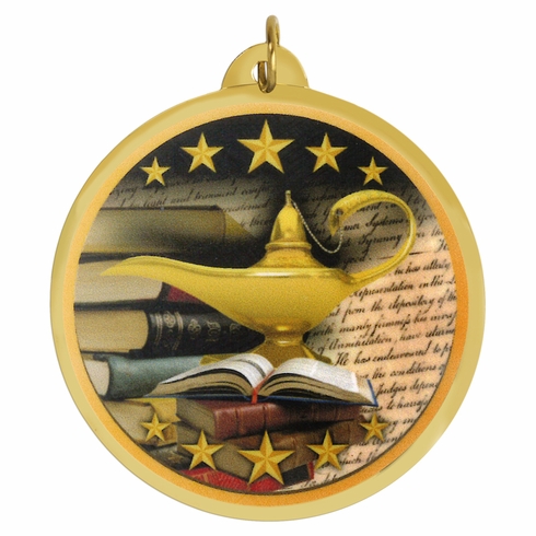 2-1/4 Inch in Diameter Round Lamp of Learning Themed Medal with Mylar Detailing and Customizable Back