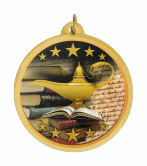 2-1/4 Inch in Diameter Round Lamp of Learning Themed Medal with Mylar Detailing and Customizable Back