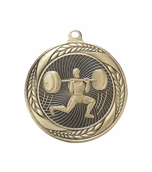 2-1/4 Inch Mens Weightlifting Medal in Antique Gold, Silver, or Bronze with Insert