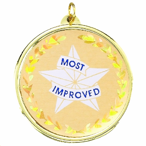2-1/4 Inch in Diameter Round Most Improved Medal with Mylar Detailing and Customizable Back