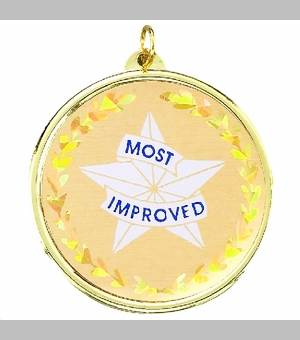 2-1/4 Inch in Diameter Round Most Improved Medal with Mylar Detailing and Customizable Back