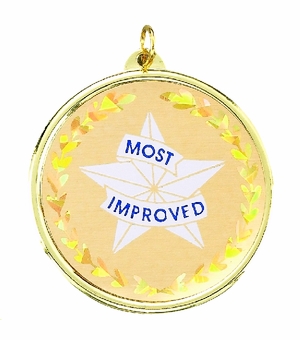 2-1/4 Inch in Diameter Round Most Improved Medal with Mylar Detailing and Customizable Back