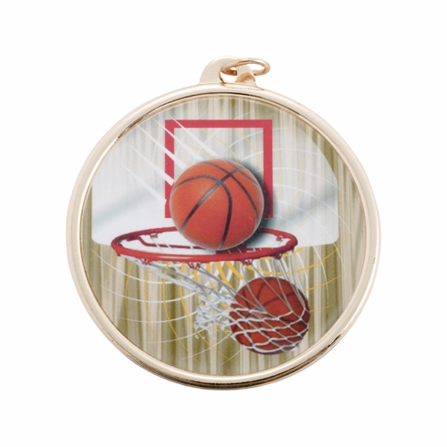 2-1/4 Inch in Diameter Round Multicolored Mylar Basketball Themed Gold Medal with Customizable Back