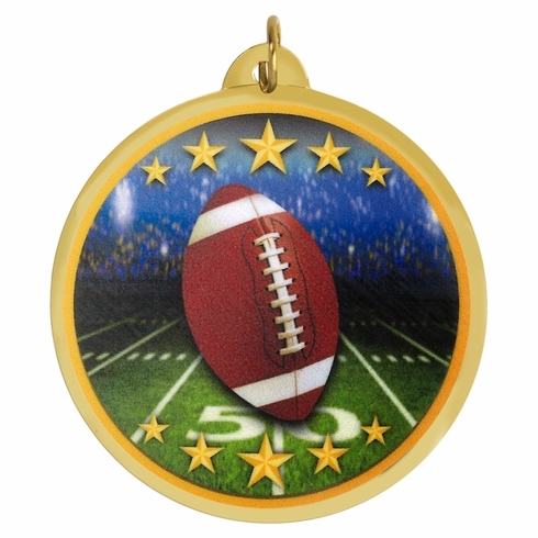 2-1/4 Inch in Diameter Round Multicolored Mylar Football Medal with Customizable Back