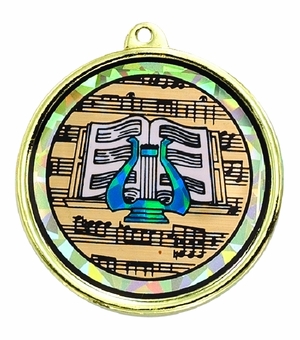2-1/4 Inch in Diameter Round Musical Lyre Themed Medal with Mylar Detailing and Customizable Back