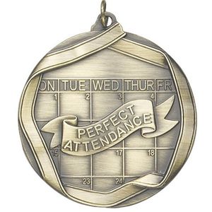 2-1/4 Inch 3D Die-Cast Perfect Attendance Medal in Antique Brass, Silver, or Bronze
