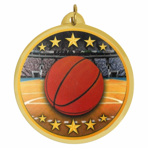 2-1/4 Inch in Diameter Round Mylar Basketball Medal with Multicolor Detailing and Customizable Back