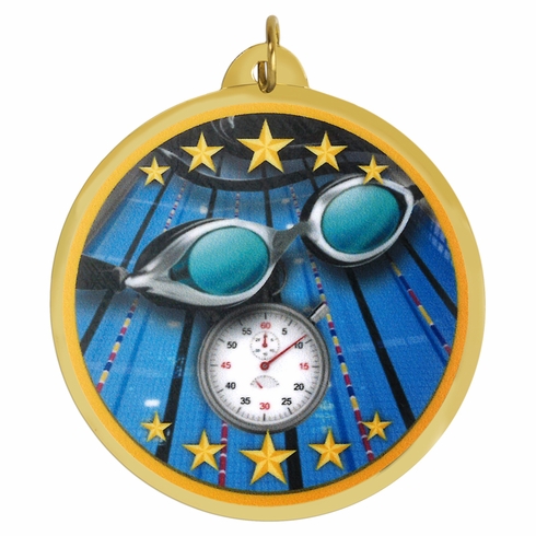 2-1/4 Inch in Diameter Round Mylar Detailed Swimming Medal with Customizable Back