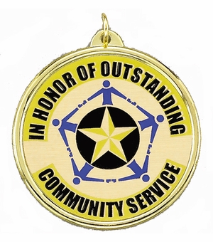 2-1/4 Inch in Diameter Round Community Service Medal with Mylar Detailing and Customizable Back