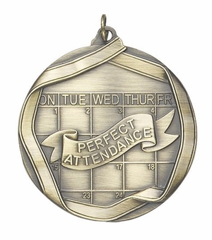 2-1/4 Inch 3D Die-Cast Perfect Attendance Medal in Antique Brass, Silver, or Bronze
