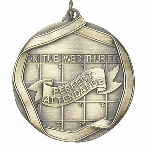 2-1/4 Inch 3D Die-Cast Perfect Attendance Medal in Antique Brass, Silver, or Bronze