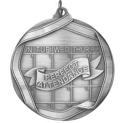 2-1/4 Inch 3D Die-Cast Perfect Attendance Medal in Antique Brass, Silver, or Bronze