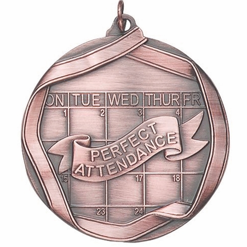 2-1/4 Inch 3D Die-Cast Perfect Attendance Medal in Antique Brass, Silver, or Bronze